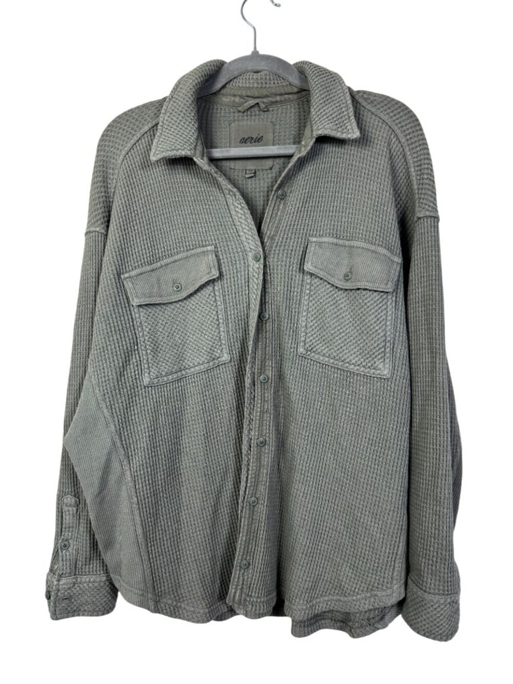Aerie Sage Green Waffle Knit Button Up Shirt Jacket Pockets Womens Small Shacket